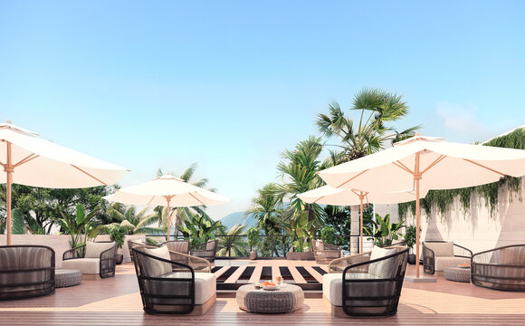 3d render of hotel terrace in tropical environment