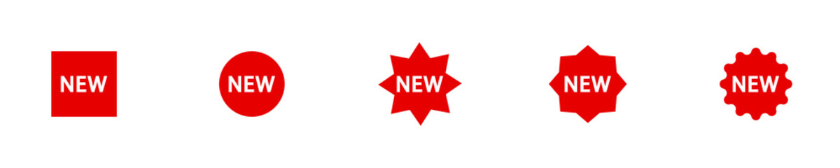 Conjunto de iconos de etiquetas de nuevo. Sellos de nuevo color rojo. Concepto de nuevo producto o nueva temporada. Ilustración vectorial