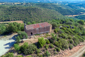 Naklejka premium Hermitage Holy Savior of the Collado de la Aguda, in Tora La Segarra, Spain. Aerial view