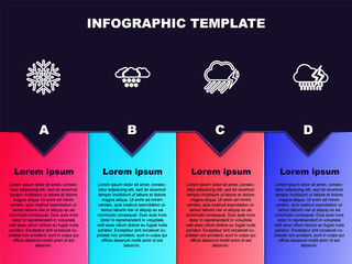 Set line Snowflake, Cloud with snow, rain and lightning and . Business infographic template. Vector