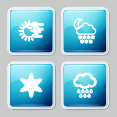 Set line Fog and sun, Cloud with snow moon, Snowflake and rain icon. Vector