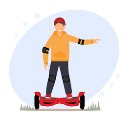 A boy standing on the hoverboard, electric transport for children and adults, flat vector illustration