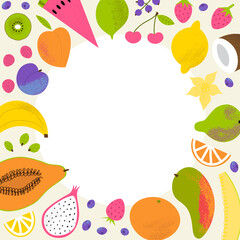 Fruit round frame border for invitation, menu or cover. Hand drawn flat illustration for summer stationery with copy space.