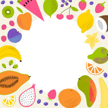 Fruit round frame border for invitation, menu or cover. Hand drawn flat illustration for summer stationery with copy space.