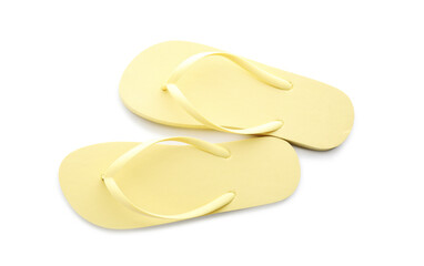 Stylish yellow flip flops on white background, top view