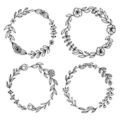 Set of black doodle round frames, vignettes for bullet journal, notebook, diary, and planner isolated on white background. Hand-drawn wreaths with space for your text 