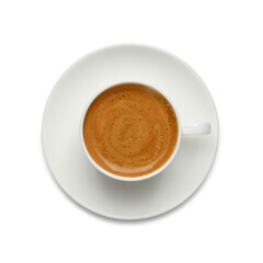 Cup of aromatic hot coffee on white background, top view