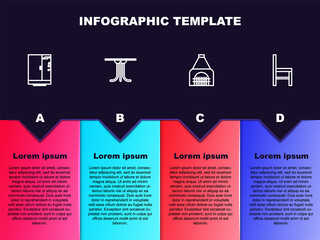 Set line Shower cabin, Round table, Interior fireplace and Chair. Business infographic template. Vector