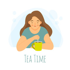 The girl sits at the table. The woman is drinking tea or coffee. Tea time. Vector flat illustration.