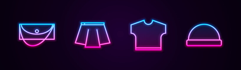 Set line Clutch bag, Skirt, T-shirt and Beanie hat. Glowing neon icon. Vector