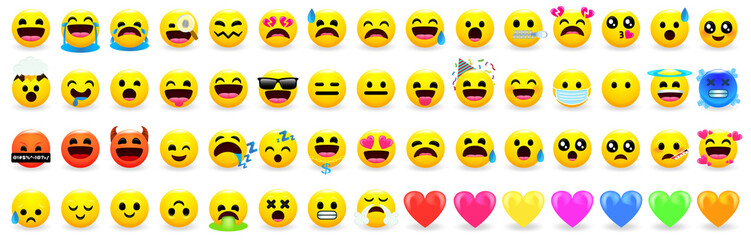 Yellow emoji. Emotional faces, Set of different smile, joyful and sad, kind and evil. Set 60