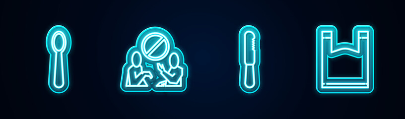 Set line Disposable plastic spoon, Stop pollution, knife and Plastic bag. Glowing neon icon. Vector