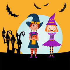 Happy Halloween. Children trick or treating in Halloween costume. Horror night poster. Vector cartoon illustration