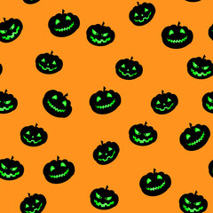 Halloween pumpkin seamless pattern. Pumpkin with green eyes on orange background. Horror design elements.