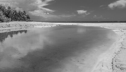 Dramatic black and white high contrast image of Caribbean coast with a reflection of the skies in the calm water with white sand and cloudy skies.