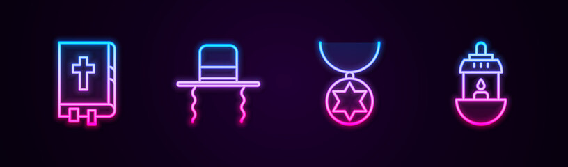 Set line Holy bible book, Orthodox jewish hat with sidelocks, Star of David necklace on chain and Ramadan Kareem lantern. Glowing neon icon. Vector