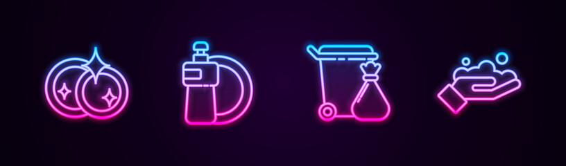 Set line Washing dishes, Dishwashing liquid bottle and plate, Trash can garbage bag and hands with soap. Glowing neon icon. Vector