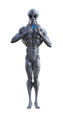 Illustration of a muscled grey alien holding hands apart concentrating on a small blue butterfly.