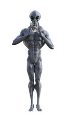 Illustration of a grey alien with a toned muscular body holding a moon between his hands.