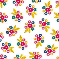 Floral seamless pattern with hand darwn flowers and leaves. Colorful elements.  Artistic background. Fashion print. Vector illustration.