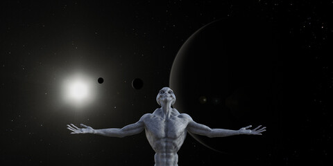 Fototapeta na wymiar Illustration of a muscled grey alien with arms outstretched looking upward against a space background.