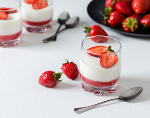 Closeup of tasty strawberry panna cotta on white table for breakfast. Italian desserts concept.