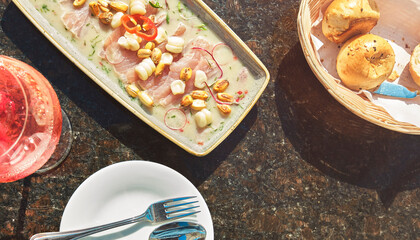 Tasting a delicious fish "tiradito de pescado", summer food © rjankovsky