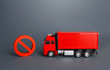Freight truck and prohibition sign no. Restrictions on import and export. Ban on transfer of goods,...
