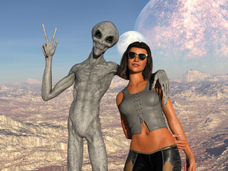 Illustration of a beautiful woman and a happy grey alien on vacation in the foreground with a rising moon in the background. - 439930754