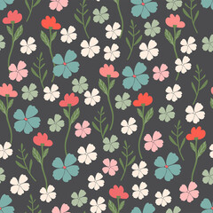 Floral seamless pattern with hand darwn flowers and leaves. Colorful elements.  Artistic background. Fashion print. Vector illustration.
