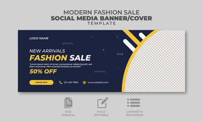 Fashion sale social media banner and social media cover template, web banner, yellow and dark blue, unique design, trendy design