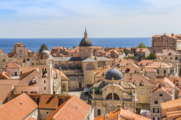 Fototapeta premium Famous clock tower of Dubrovnik, Croatia. Tower built in Main Street of Old city Dubrovnik - Stradun in XV Century. Dubrovnik is one of most prominent tourist destinations in Mediterranean.
