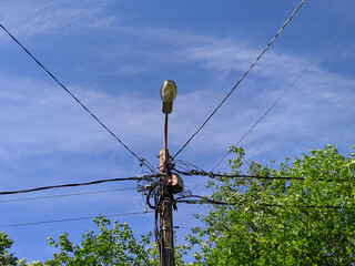 electric pole with wires against the blue sky and green trees