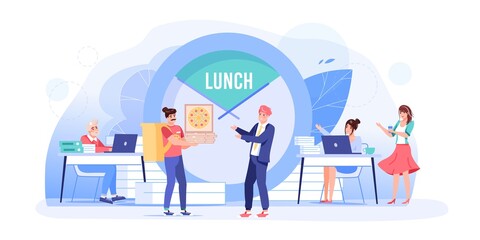 Vector cartoon flat employee characters at food break.Employees office workers at lunch time,colleagues receive pizza delivery order,rest,talk,communicate-workflow situations web site banner concept