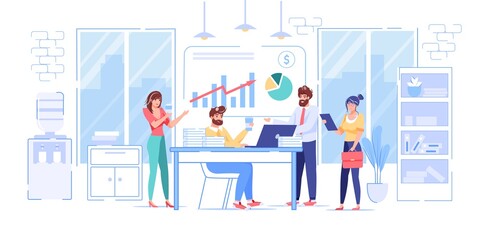 Vector cartoon flat office workers characters performs work tasks.Successful employees business team at working process-communications,professional workflow,time management,web site banner concept