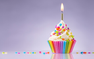 Birthday cupcake. Rainbow Cup Liners. Burning candle light in a cake. Happy Birthday Gay, lesbian....