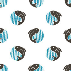 seamless pattern with fish and water waves on white background
