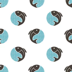 Stickers pour porte  Animaux marins modèle sans couture avec des vagues de poissons et d& 39 eau sur fond blanc