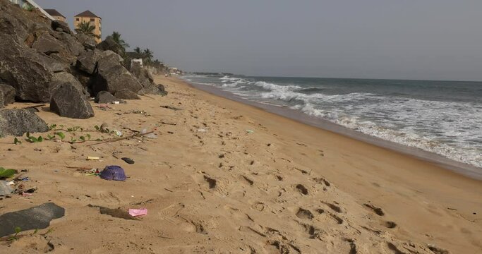 Monrovia Liberia Atlantic ocean beach trash pollution. Monrovia, Liberia on coast of west Africa suffers with extreme poverty and hunger. Pollution and filth on most ocean beaches.