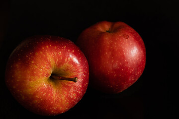 Two ripe fresh red apples with water drops on glossy peel on black background