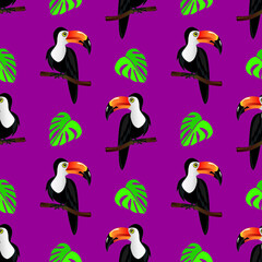 Toucan tropic bird sitting on a bench of tree. Vector illustration. Seamless pattern.