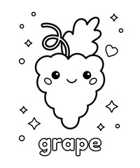 Coloring page with kawaii grapes. Cartoon fruit character. Healthy food. Vector outline illustration.