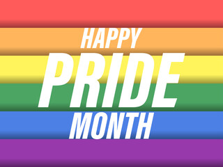 Fototapeta premium Pride month text on rainbow stripes background. LGBT flag. Tolerance and love. Festival of sexual minorities, gays and lesbians, transgender people. Design for banner and poster. Vector illustration