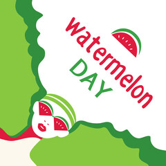 Watermelon Day poster. Fancy Hand drawn cartoon design element. Beautiful young woman with red watermelon sunglasses retro pop art style. Summer national holiday banner template vector illustration