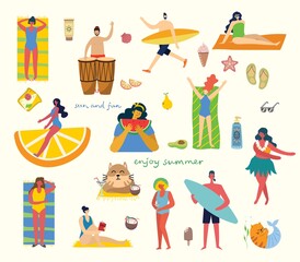 Set of different vector summer people and icons