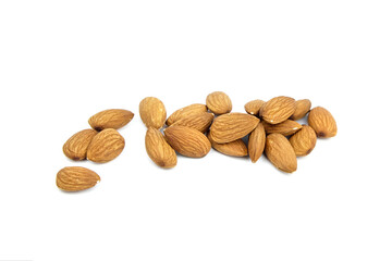 Almond nuts isolated on white background. Heap of scattered almonds