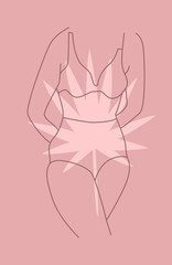 Smooth silhouette of the torso of a female figure. Delicate female forms, linear pattern. Minimalism. Body positive. Tropical leaf on the background. Postcard, logo.