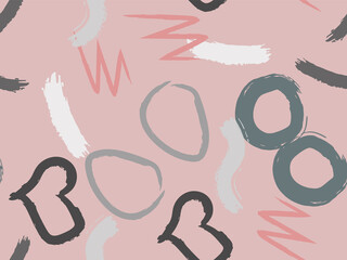 Cute seamless pattern with brush-drawn circles, hearts, strokes.