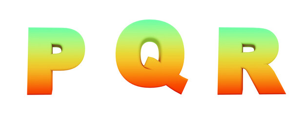 Alphabet in gradient colors.Letters in 3D Render.Letters P, Q, R