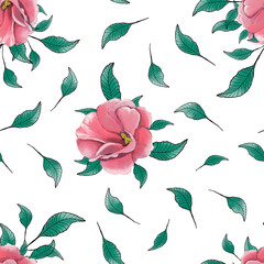 Seamless pattern with pink flowers, green leaves and white background. Elegant. Fabric wallpaper, textile print.
